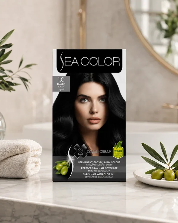 Sea Color 1.0 Black Lifestyle Sea Color 1.0 Black боя за коса в елегантна lifestyle сцена за домашно боядисване