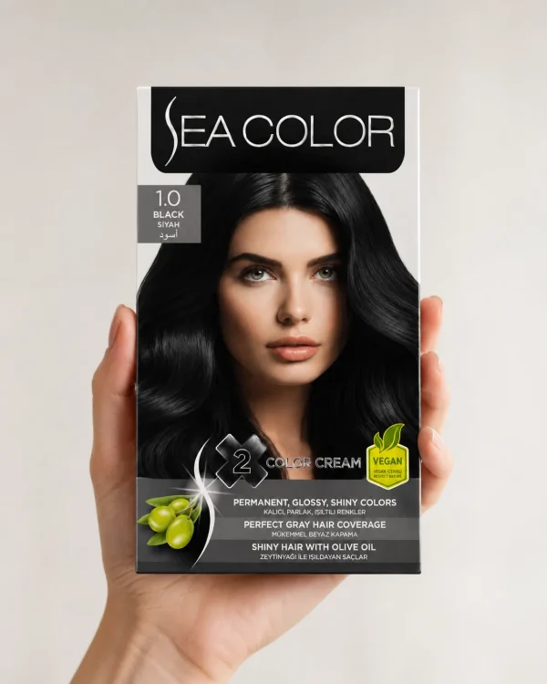 Sea Color 1.0 Black в ръка Sea Color 1.0 Black крем боя за коса, държана естествено в ръка