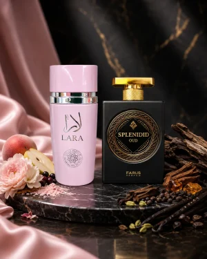Парфюмен комплект Splendid Oud & Lara Pink Eau de Parfum 2 x 100 ml с композиция от плодове, цветя, ванилия, уд и ориенталски дървесни акорди.
