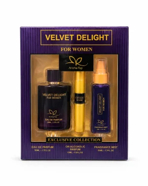 Velvet Delight For Women Комплект 3 части 50+15+50 ml от Aroma Ray на чист бял фон с лилава подаръчна кутия и три ароматни продукта