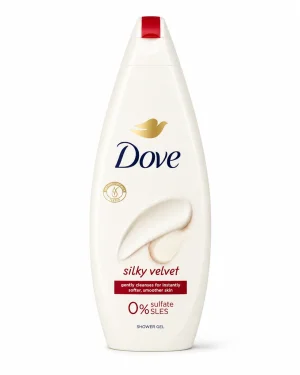 Dove Silky Velvet душ гел 450ml на бял фон Dove Silky Velvet душ гел 450ml с 0% SLES сулфати