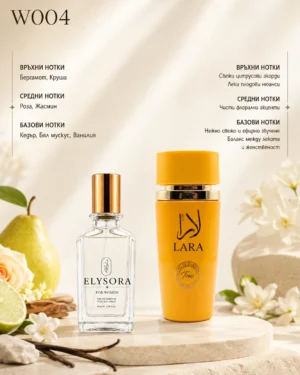 ELYSORA W004 + Lara Tous – ароматни нотки ELYSORA W004 и Lara Tous дамски парфюмен сет 50 ml + 100 ml с ароматни нотки Бергамот, Бял мускус, Ванилия, Жасмин, Кедър