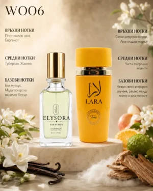 ELYSORA W006 + Lara Tous – ароматни нотки ELYSORA W006 и Lara Tous дамски парфюмен сет 50 ml + 100 ml с ароматни нотки Бергамот, Бял мускус, Жасмин, Кедър, Мадагаскарска ванилия