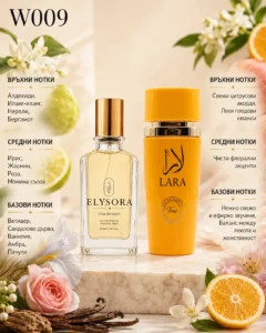 ELYSORA W009 и Lara Tous дамски парфюмен сет 50 ml + 100 ml с ароматни нотки Алдехиди, Амбра, Бергамот, Ванилия, Ветивер