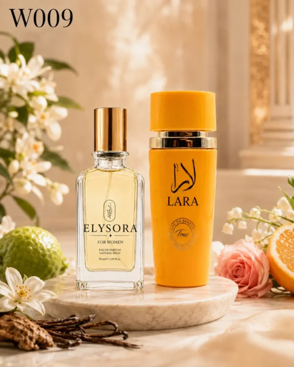 ELYSORA W009 + Lara Tous – премиум сцена ELYSORA W009 и Lara Tous дамски парфюмен комплект в премиум ароматна lifestyle композиция