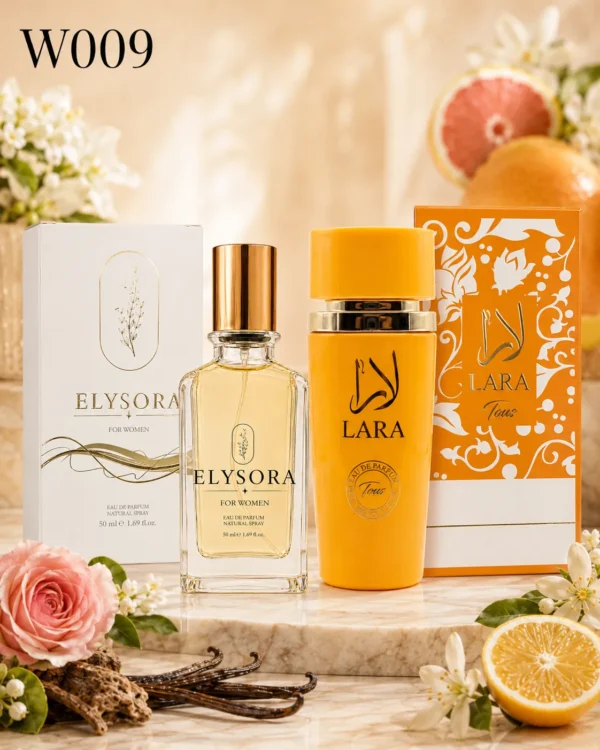 ELYSORA W009 + Lara Tous – бутилки и кутии ELYSORA W009 50 ml и Lara Tous 100 ml с оригиналните кутии – дамски парфюмен сет