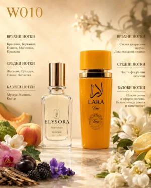 ELYSORA W010 + Lara Tous – ароматни нотки ELYSORA W010 и Lara Tous дамски парфюмен сет 50 ml + 100 ml с ароматни нотки Бергамот, Бръшлян, Виолетка, Жасмин, Кедър