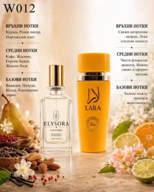 ELYSORA W012 + Lara Tous – ароматни нотки ELYSORA W012 и Lara Tous дамски парфюмен сет 50 ml + 100 ml с ароматни нотки Ванилия, Горчив бадем, Жасмин, Женско биле, Кафе