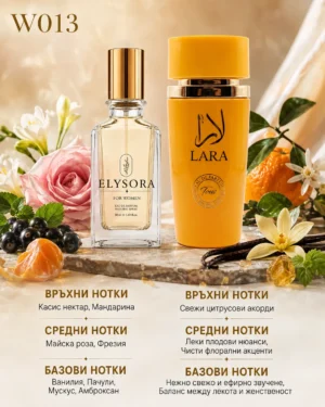 ELYSORA W013 + Lara Tous – Дамски парфюмен сет 50 ml + 100 ml – флакон в луксозна сцена
