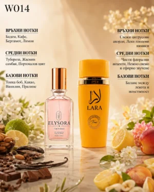 ELYSORA W014 + Lara Tous – Дамски парфюмен сет 50 ml + 100 ml – флакон в луксозна сцена
