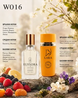 ELYSORA W016 + Lara Tous – Дамски парфюмен сет 50 ml + 100 ml – флакон в луксозна сцена ELYSORA W016 + Lara Tous – Дамски парфюмен сет 50 ml + 100 ml – флакон в луксозна сцена