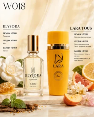 ELYSORA W018 + Lara Tous – Дамски парфюмен сет 50 ml + 100 ml – флакон в луксозна сцена