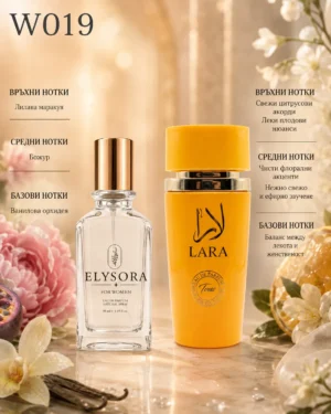 ELYSORA W019 + Lara Tous – Дамски парфюмен сет 50 ml + 100 ml – флакон в луксозна сцена