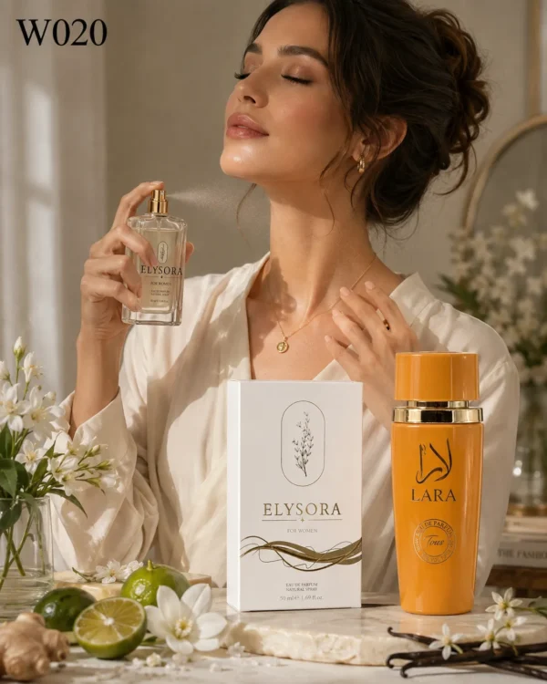 Жена използва ELYSORA W020 с Lara Tous – дамски парфюмен сет 50 ml + 100 ml в lifestyle сцена