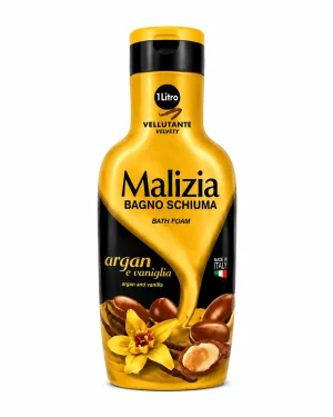 Malizia пяна за вана с арган и ванилия 1000ml на бял фон