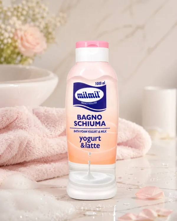 Milmil пяна за вана с йогурт и мляко 1000 ml в баня с пяна и кърпи