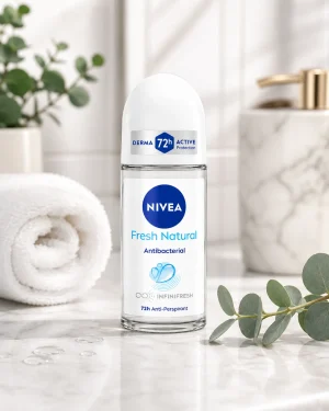 NIVEA Fresh Natural Antibacterial рол-он антиперспирант 50ml в баня NIVEA Fresh Natural Antibacterial рол-он антиперспирант 50ml в светла баня със свежа атмосфера
