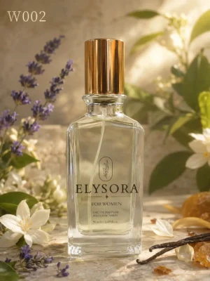 ELYSORA W2 – Турски дамски парфюм 50 ml – флакон в луксозна сцена