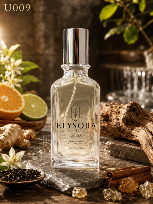 ELYSORA U009 – Турски унисекс парфюм 50 ml – флакон в атмосферна сцена ELYSORA U009 – Турски унисекс парфюм 50 ml – флакон в атмосферна сцена