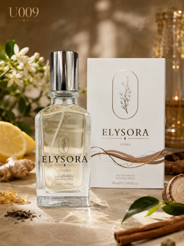 ELYSORA U009 – Турски унисекс парфюм 50 ml – флакон в премиум сцена ELYSORA U009 – Турски унисекс парфюм 50 ml – флакон в премиум сцена