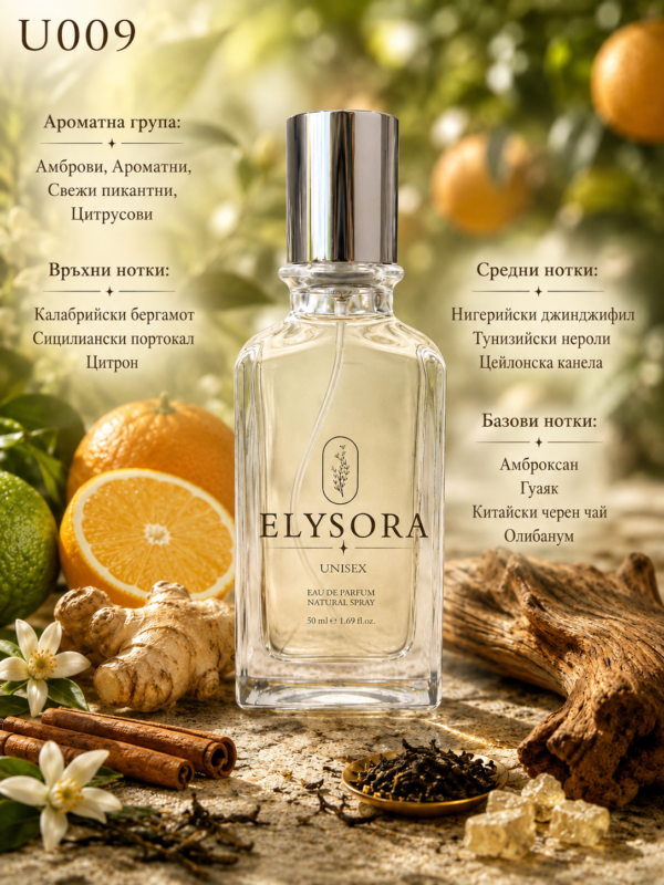 ELYSORA U009 – Турски унисекс парфюм 50 ml – флакон в луксозна сцена ELYSORA U009 – Турски унисекс парфюм 50 ml – флакон в луксозна сцена