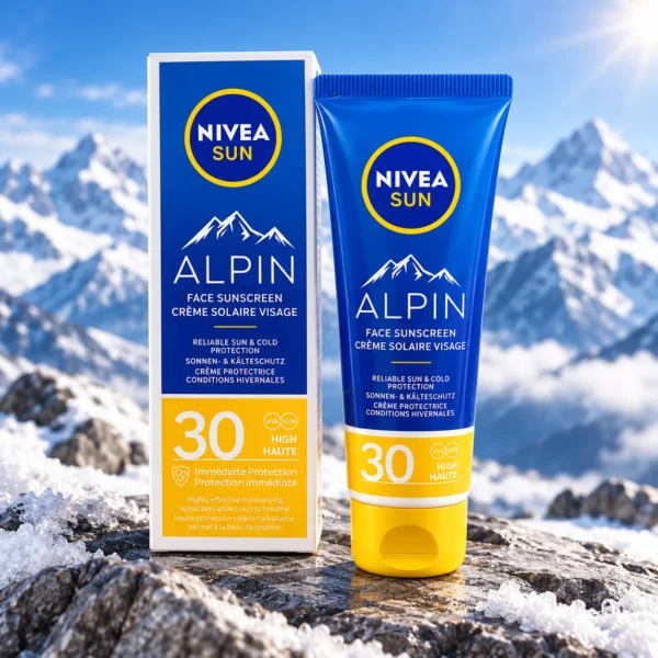 NIVEA Sun Alpin слънцезащитен крем за лице SPF 30 – флакон в луксозна сцена