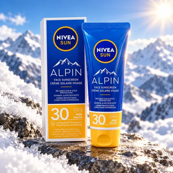 NIVEA Sun Alpin слънцезащитен крем за лице SPF 30 – флакон в атмосферна сцена