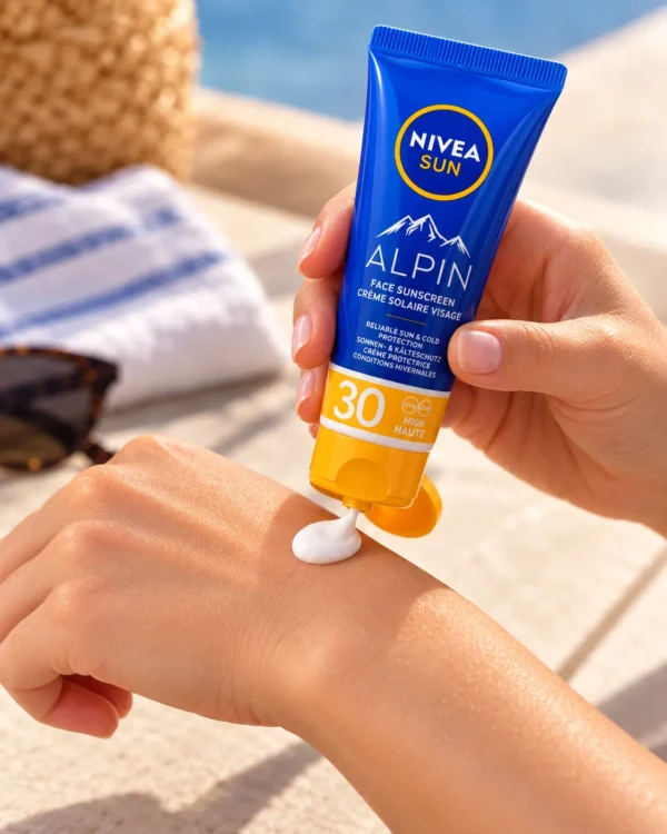 NIVEA Sun Alpin слънцезащитен крем за лице SPF 30 – флакон в премиум сцена