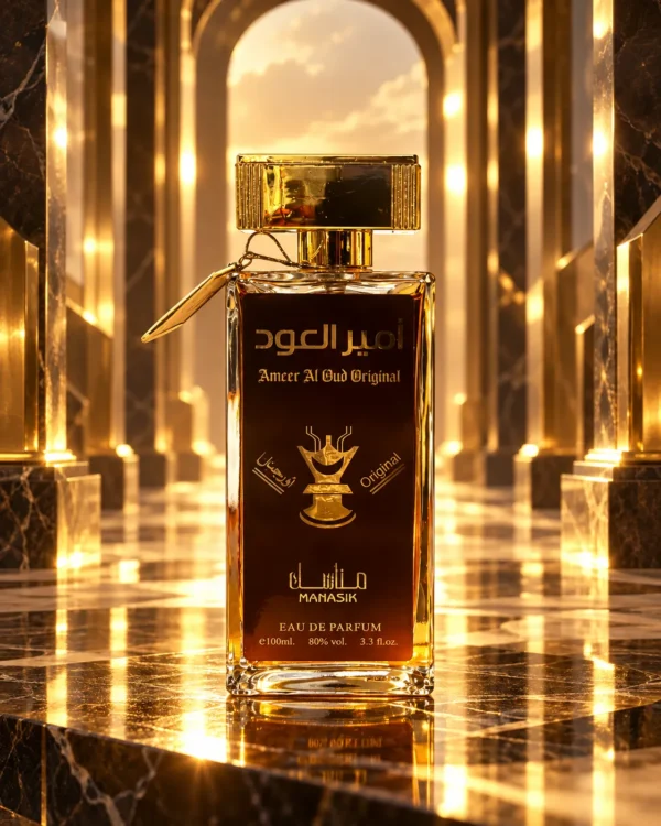 Ameer Al Oud Original Eau de Parfum – Manasik 100 ml – флакон в атмосферна сцена Ameer Al Oud Original Eau de Parfum – Manasik 100 ml – флакон в атмосферна сцена