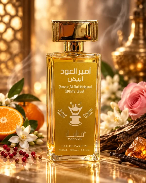 Ameer Al Oud Original White Oud Eau de Parfum – Manasik 100 ml – флакон в луксозна сцена