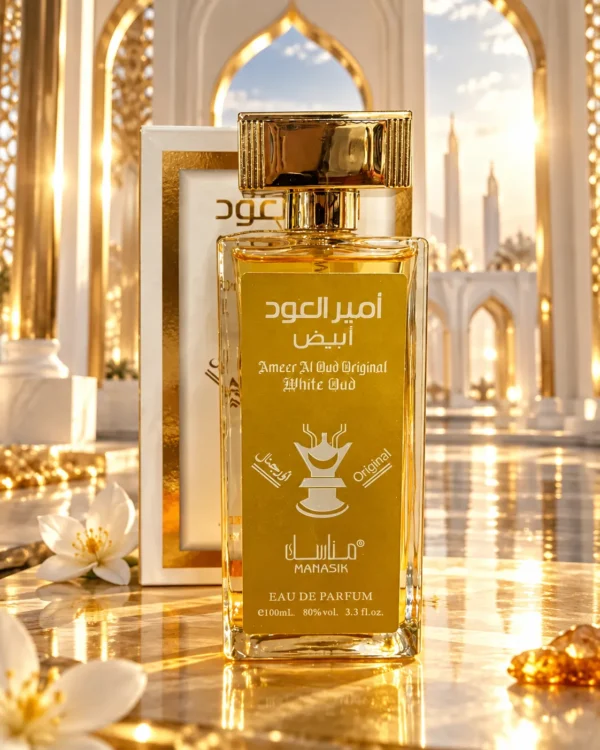 Ameer Al Oud Original White Oud Eau de Parfum – Manasik 100 ml – флакон в атмосферна сцена