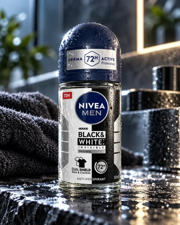 NIVEA MEN Black & White Invisible Original рол-он антиперспирант 50 ml – флакон в атмосферна сцена NIVEA MEN Black & White Invisible Original рол-он антиперспирант 50 ml – флакон в атмосферна сцена