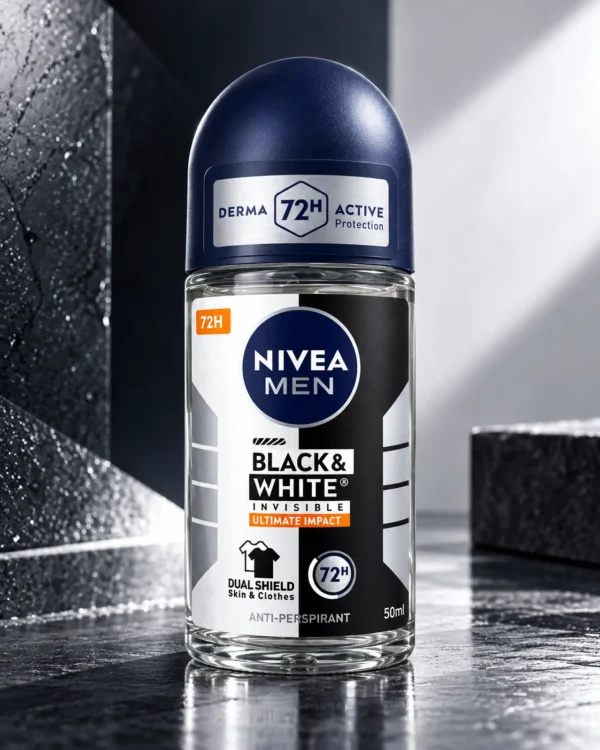 NIVEA MEN Black & White Invisible Ultimate Impact рол-он антиперспирант 50 ml – флакон в луксозна сцена NIVEA MEN Black & White Invisible Ultimate Impact рол-он антиперспирант 50 ml – флакон в луксозна сцена