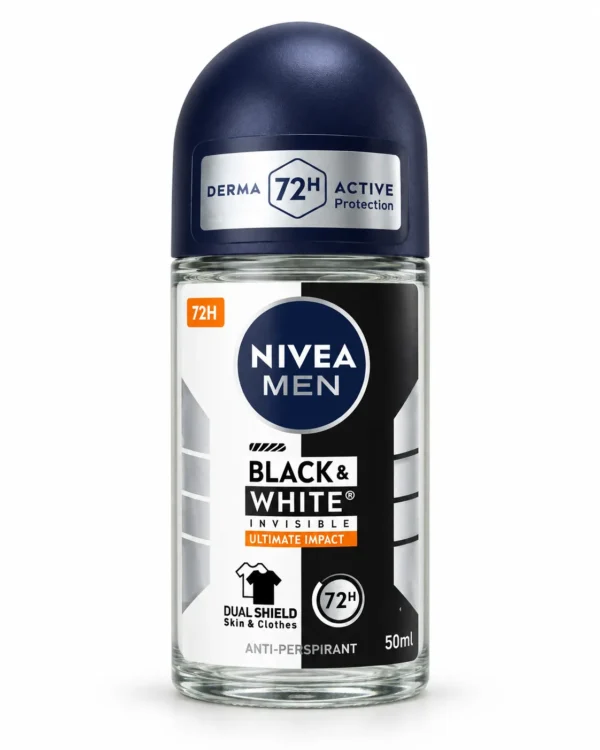 NIVEA MEN Black & White Invisible Ultimate Impact рол-он антиперспирант 50 ml – изображение на бял фон NIVEA MEN Black & White Invisible Ultimate Impact рол-он антиперспирант 50 ml – изображение на бял фон