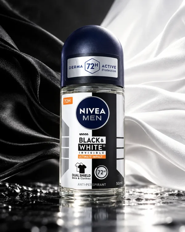 NIVEA MEN Black & White Invisible Ultimate Impact рол-он антиперспирант 50 ml – флакон в атмосферна сцена NIVEA MEN Black & White Invisible Ultimate Impact рол-он антиперспирант 50 ml – флакон в атмосферна сцена