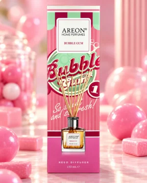 AREON Home Perfumes Bubble Gum ароматен дифузер 150 ml – флакон в луксозна сцена AREON Home Perfumes Bubble Gum ароматен дифузер 150 ml – флакон в луксозна сцена