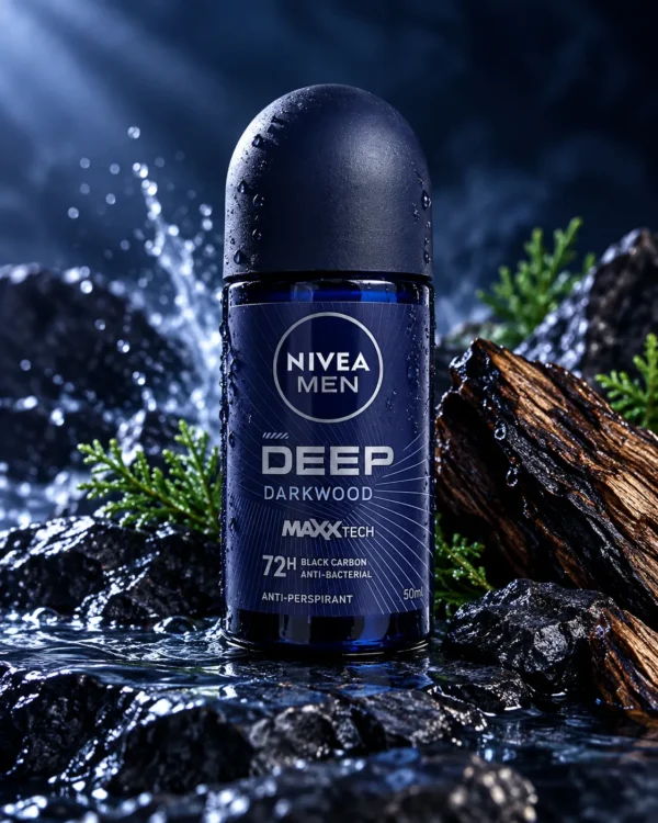 NIVEA MEN Deep Darkwood рол-он антиперспирант 50 ml – флакон в атмосферна сцена NIVEA MEN Deep Darkwood рол-он антиперспирант 50 ml – флакон в атмосферна сцена
