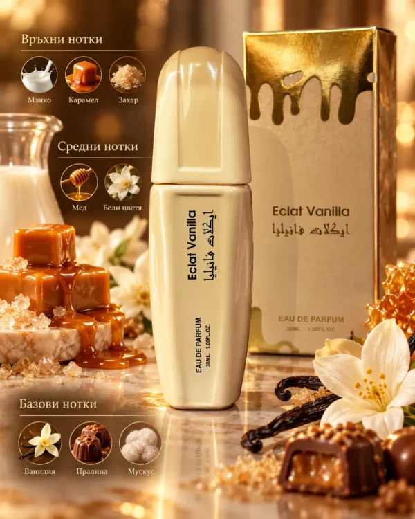 Eclat Vanilla Eau de Parfum – Manasik 30 ml – флакон в луксозна сцена Eclat Vanilla Eau de Parfum – Manasik 30 ml – флакон в луксозна сцена