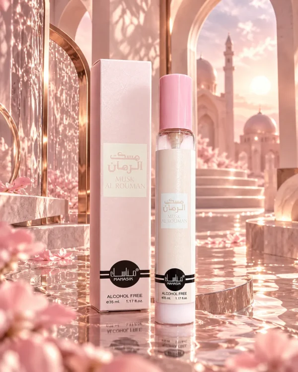 Musk Al Rouman Alcohol Free – Manasik 35 ml – флакон в атмосферна сцена