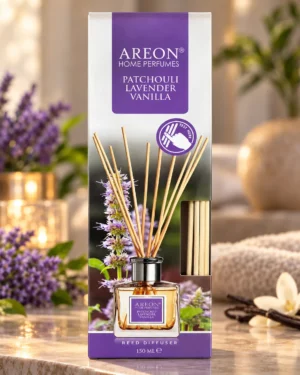 AREON Home Perfumes Patchouli Lavender Vanilla ароматен дифузер 150 ml – флакон в луксозна сцена AREON Home Perfumes Patchouli Lavender Vanilla ароматен дифузер 150 ml – флакон в луксозна сцена