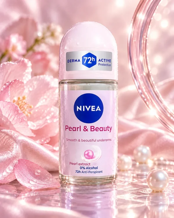 NIVEA Pearl & Beauty рол-он антиперспирант 50 ml – флакон в атмосферна сцена NIVEA Pearl & Beauty рол-он антиперспирант 50 ml – флакон в атмосферна сцена