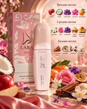 Lara Pink Eau de Parfum – Manasik 30 ml – флакон в луксозна сцена Lara Pink Eau de Parfum – Manasik 30 ml – флакон в луксозна сцена