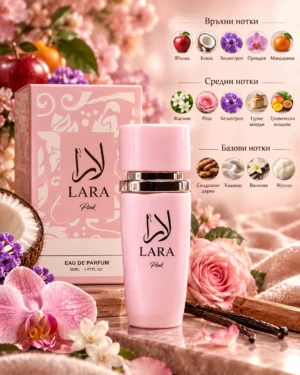 Lara Pink Eau de Parfum – Manasik 50 ml – флакон в луксозна сцена Lara Pink Eau de Parfum – Manasik 50 ml – флакон в луксозна сцена