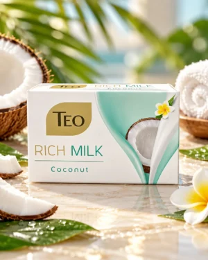 TEO Rich Milk Coconut твърд сапун 90 g – флакон в луксозна сцена