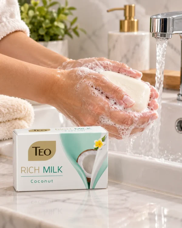 TEO Rich Milk Coconut твърд сапун 90 g – lifestyle сцена с парфюма