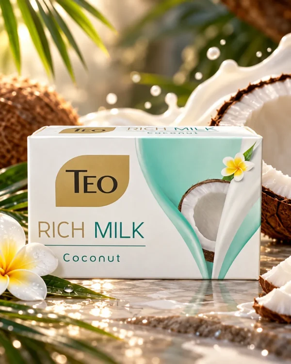TEO Rich Milk Coconut твърд сапун 90 g – флакон в атмосферна сцена