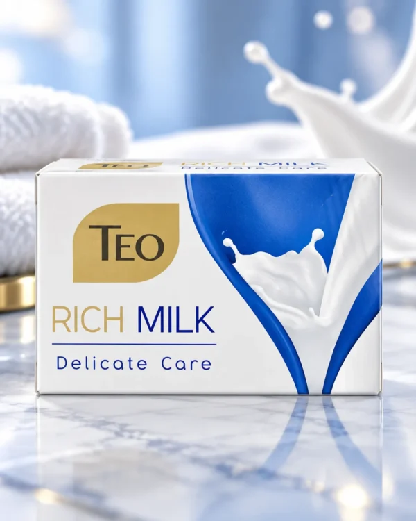 TEO Rich Milk Delicate Care твърд сапун 90 g – флакон в луксозна сцена TEO Rich Milk Delicate Care твърд сапун 90 g – флакон в луксозна сцена