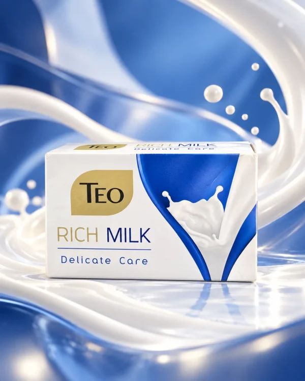TEO Rich Milk Delicate Care твърд сапун 90 g – флакон в атмосферна сцена TEO Rich Milk Delicate Care твърд сапун 90 g – флакон в атмосферна сцена