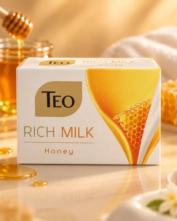 TEO Rich Milk Honey твърд сапун 90 g – флакон в луксозна сцена TEO Rich Milk Honey твърд сапун 90 g – флакон в луксозна сцена