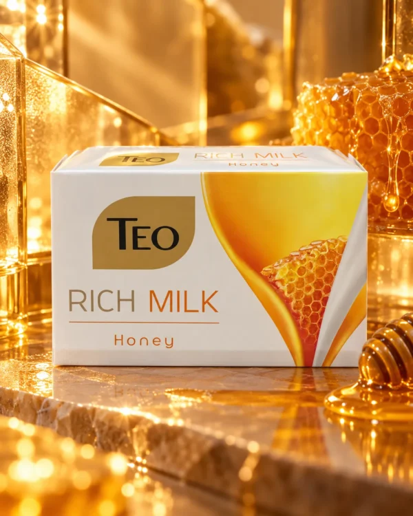 TEO Rich Milk Honey твърд сапун 90 g – флакон в атмосферна сцена TEO Rich Milk Honey твърд сапун 90 g – флакон в атмосферна сцена